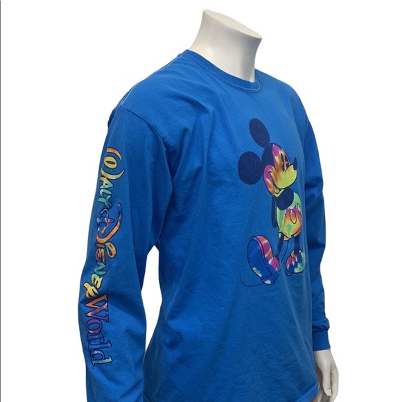 Disney Parks Blue Multi Color Rainbow Mickey Graphic T-Shirt Spellout Sleeve XL - Picture 7 of 11